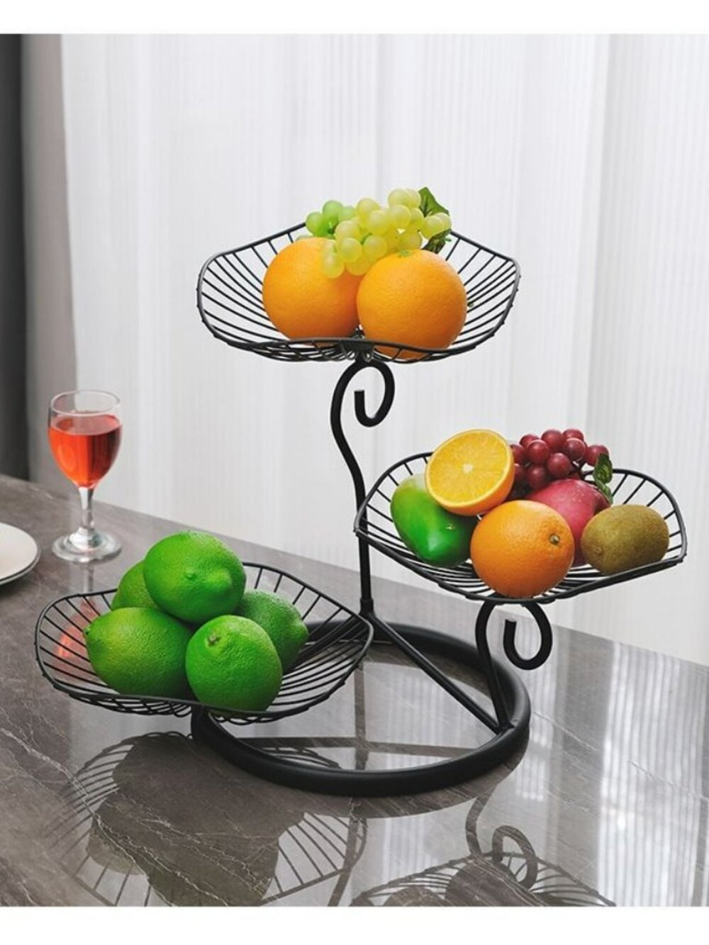 Black 3-Tier Wire Fruit Basket Stand | Decorative Scroll Fruit Bowl